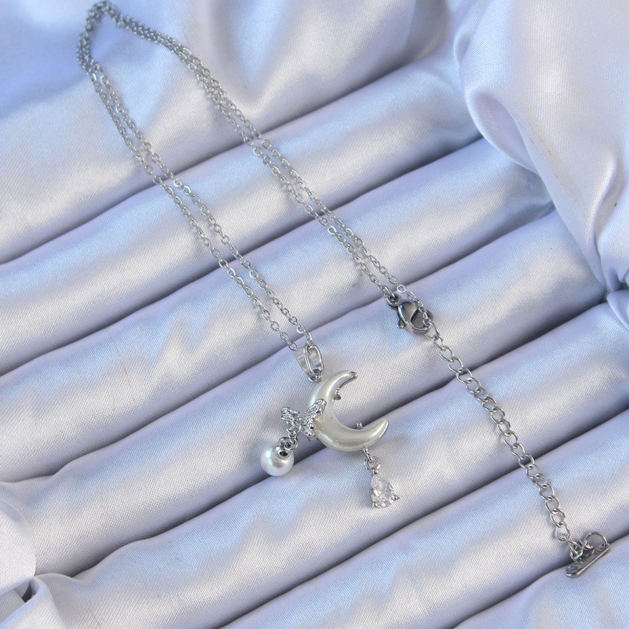 316L Steel Chain Silver Color Zircon Stone Butterfly Enameled Moon Necklace