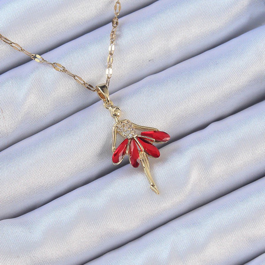 316L Steel Chain Gold Color Red Skirt Ballerina Necklace with Zircon Stone