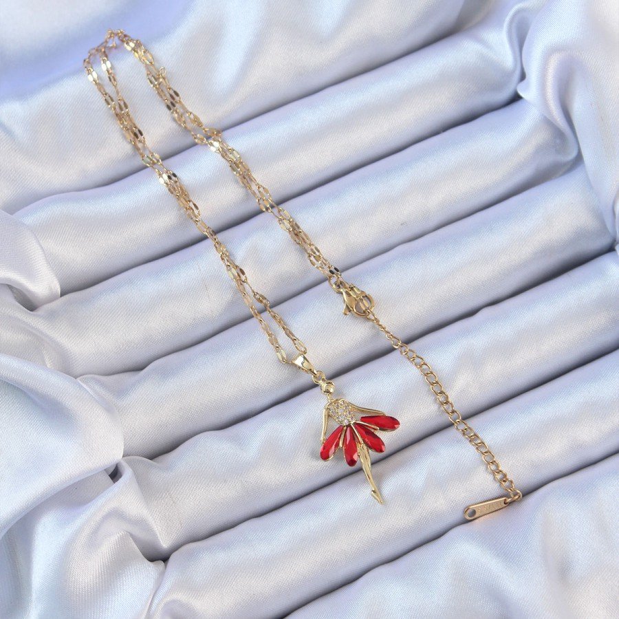 316L Steel Chain Gold Color Red Skirt Ballerina Necklace with Zircon Stone