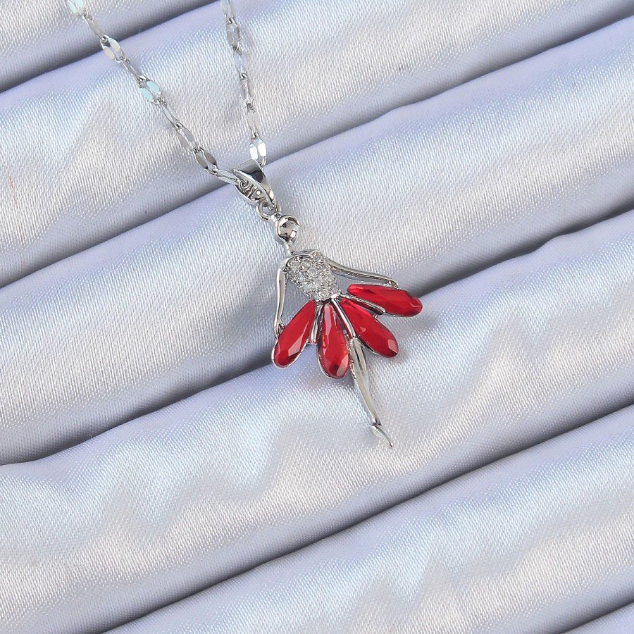 316L Steel Chain Silver Color Red Skirt Ballerina Necklace with Zircon Stone