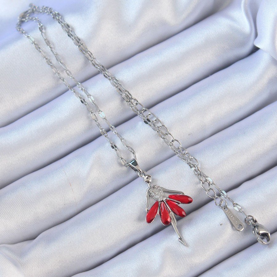 316L Steel Chain Silver Color Red Skirt Ballerina Necklace with Zircon Stone
