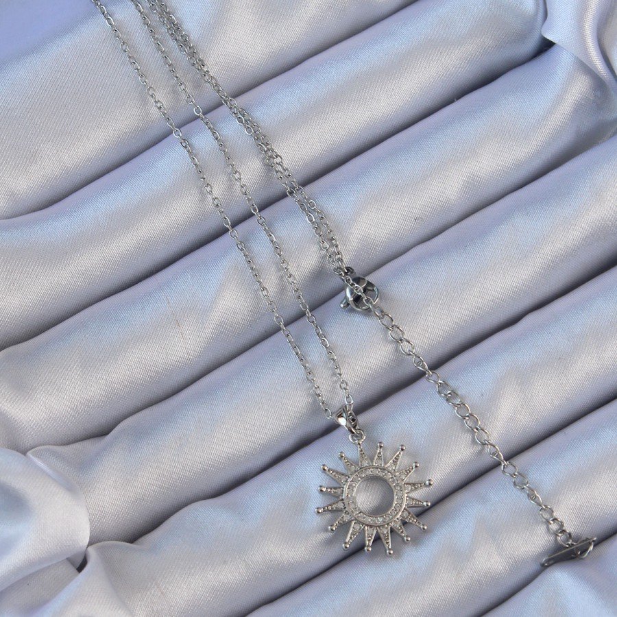 316L Steel Chain Silver Color Zircon Stone Shining Sun Necklace
