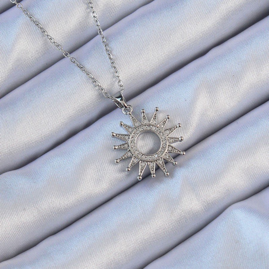 316L Steel Chain Silver Color Zircon Stone Shining Sun Necklace