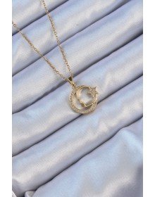 316L Steel Chain Gold Color Zircon Stone Ataturk Necklace with Crescent and Star Symbol