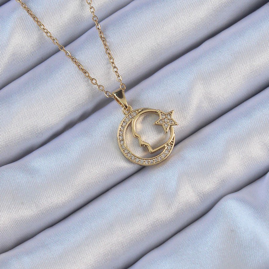316L Steel Chain Gold Color Zircon Stone Ataturk Necklace with Crescent and Star Symbol