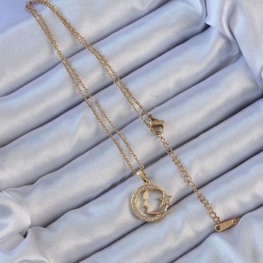 316L Steel Chain Gold Color Zircon Stone Ataturk Necklace with Crescent and Star Symbol