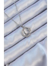 316L Steel Chain Silver Color Zircon Stone Ataturk Necklace with Crescent Star Symbol