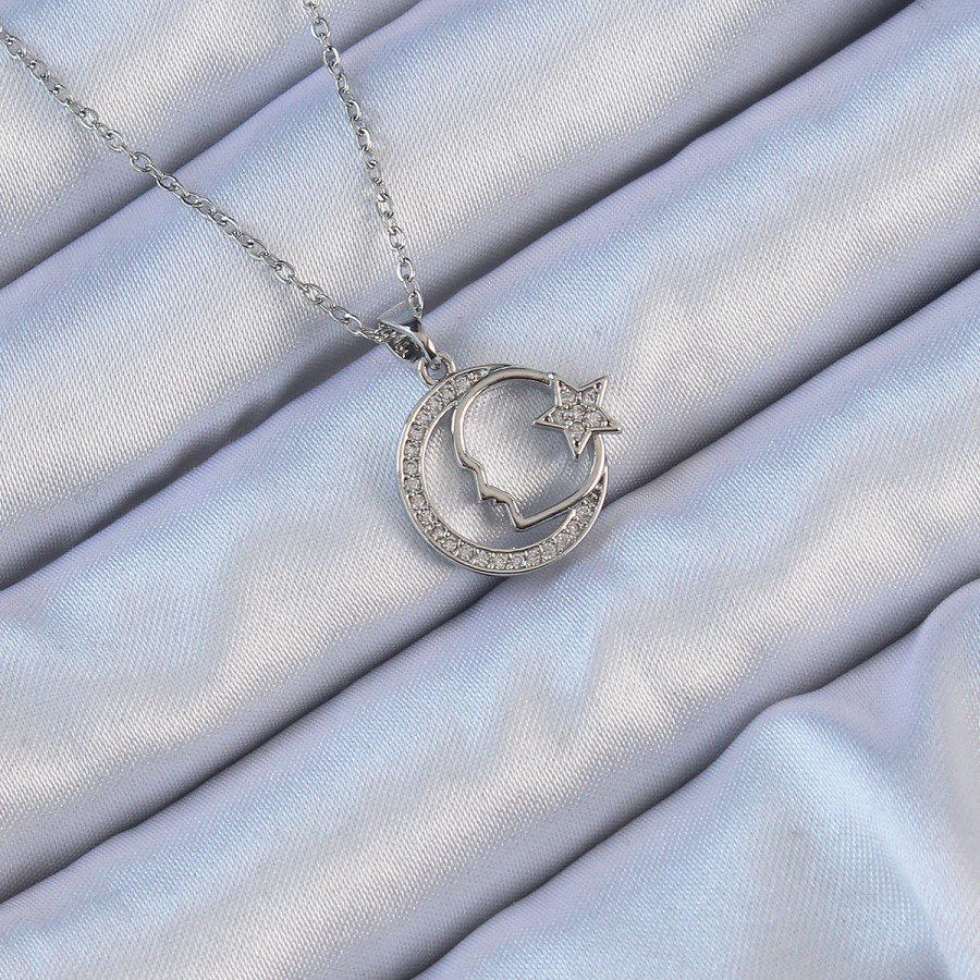 316L Steel Chain Silver Color Zircon Stone Ataturk Necklace with Crescent Star Symbol 316L Steel Chain Silver Color Zircon Stone Ataturk Necklace with Crescent Star Symbol