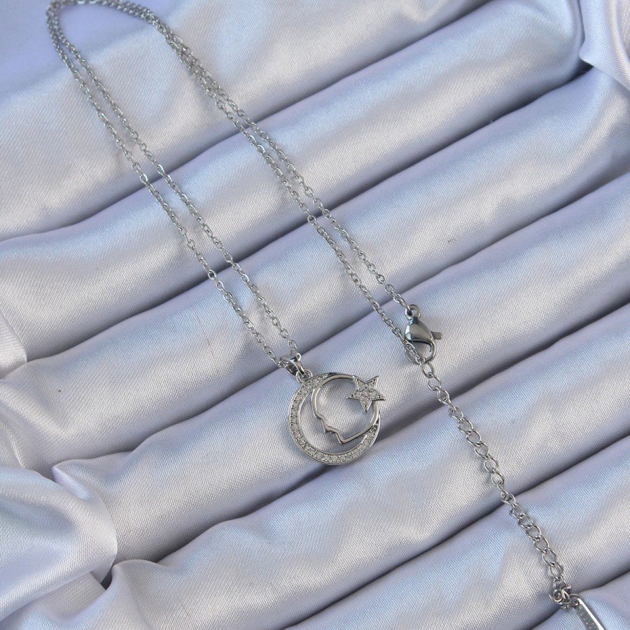 316L Steel Chain Silver Color Zircon Stone Ataturk Necklace with Crescent Star Symbol 316L Steel Chain Silver Color Zircon Stone Ataturk Necklace with Crescent Star Symbol