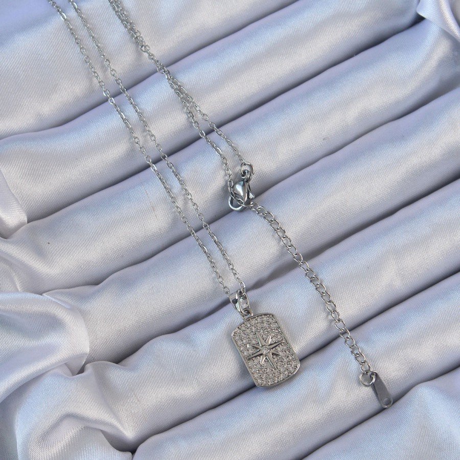 316L Steel Chain Silver Color Zircon Stone Pole Star Vintage Necklace