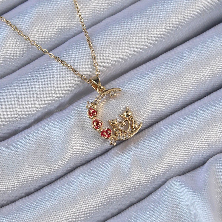 316L Steel Chain Gold Color Red Rose Detailed Cat Figure Zircon Stone Moon Necklace