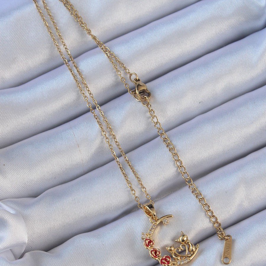 316L Steel Chain Gold Color Red Rose Detailed Cat Figure Zircon Stone Moon Necklace
