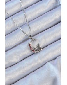 316L Steel Chain Silver Color Red Rose Detail Cat Figure Zircon Stone Moon Necklace