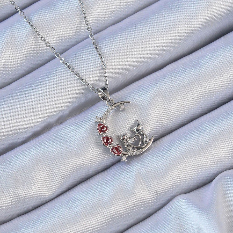 316L Steel Chain Silver Color Red Rose Detailed Cat Figure Zircon Stone Moon Necklace 316L Steel Chain Silver Color Red Rose Detailed Cat Figure Zircon Stone Moon Necklace