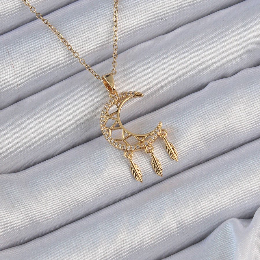 316L Steel Chain Gold Color Embroidered Zircon Stone Moon Necklace