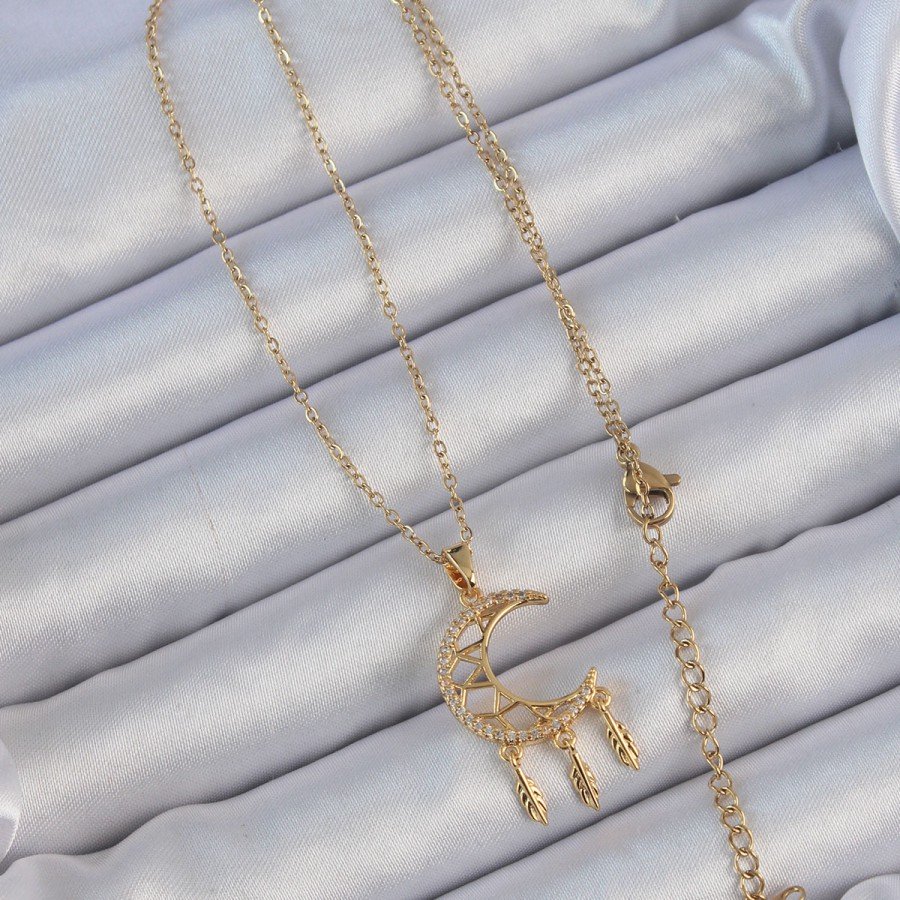 316L Steel Chain Gold Color Embroidered Zircon Stone Moon Necklace