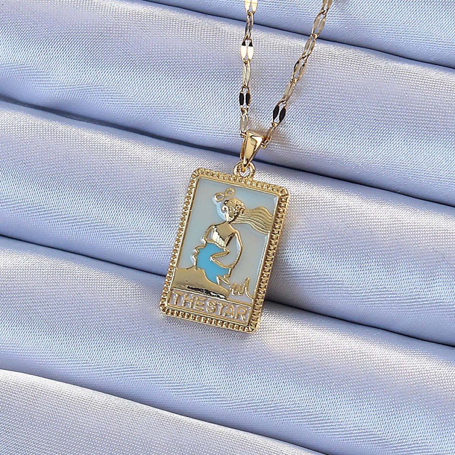 316L Steel Chain Gold Color Blue Enamel Tarot Necklace