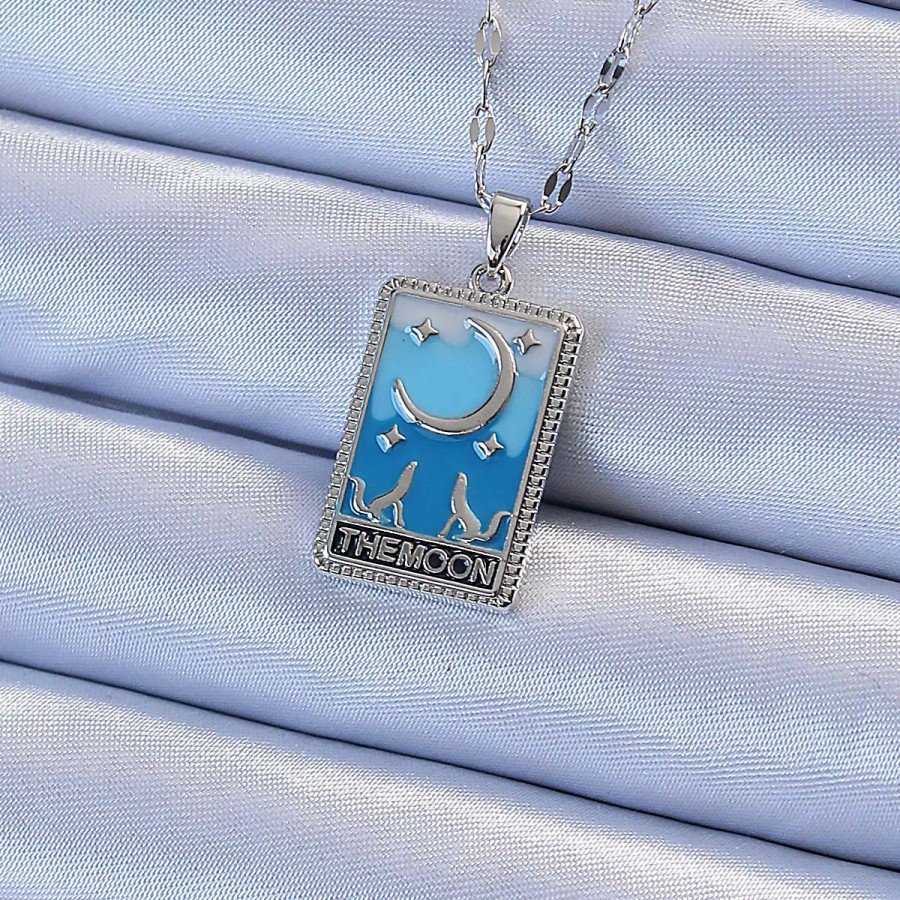 316L Steel Chain Silver Color Blue Enamel Moon Figure Tarot Necklace