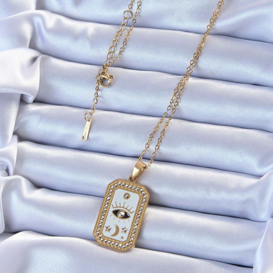 316L Steel Chain Gold Color Enameled Zircon Stone Eye Figure Tarot Necklace