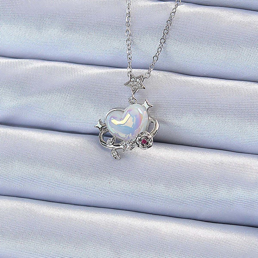 316L Steel Chain Silver Color Zircon Stone Planet Looking Heart Necklace