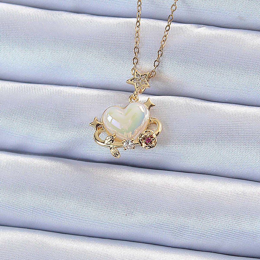 316L Steel Chain Gold Color Zircon Stone Planet Looking Heart Necklace