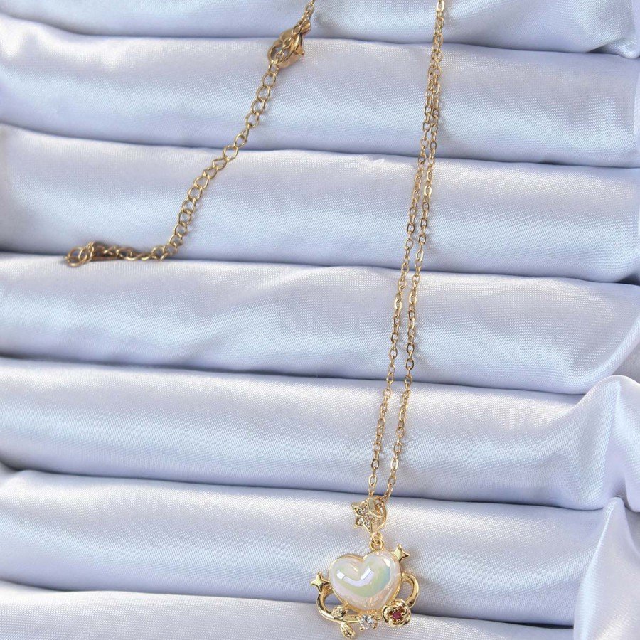 316L Steel Chain Gold Color Zircon Stone Planet Looking Heart Necklace