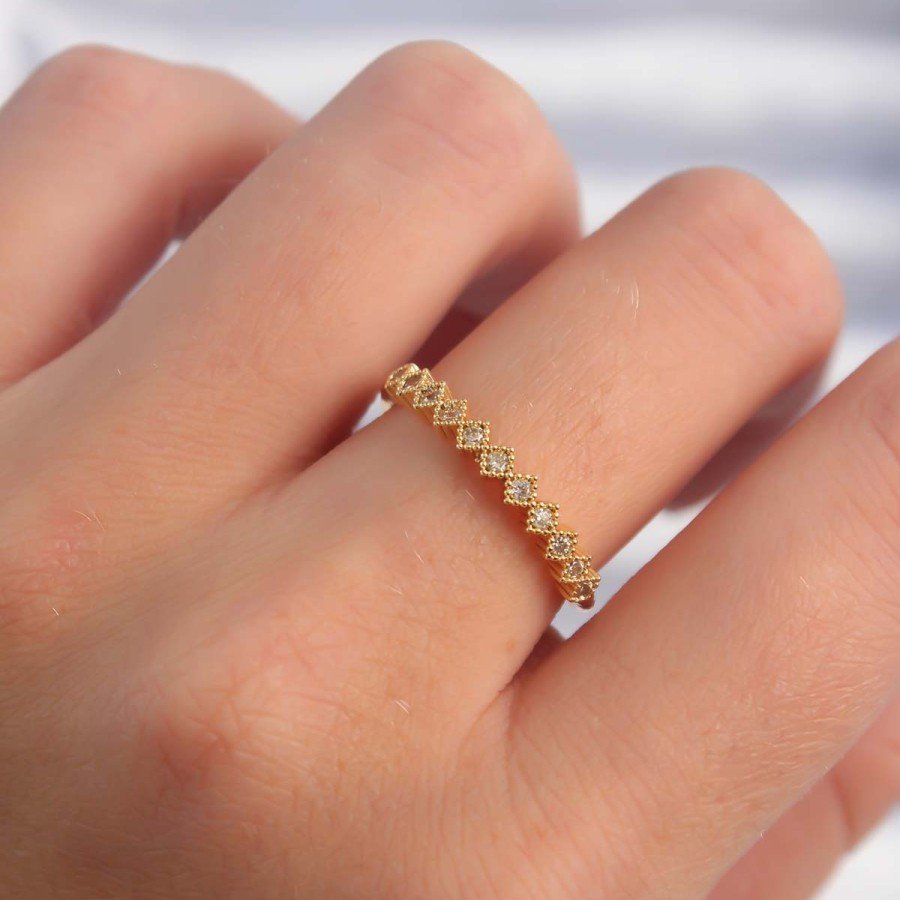 Brass Gold Color Minimal Rowed Zircon Stone Adjustable Ring