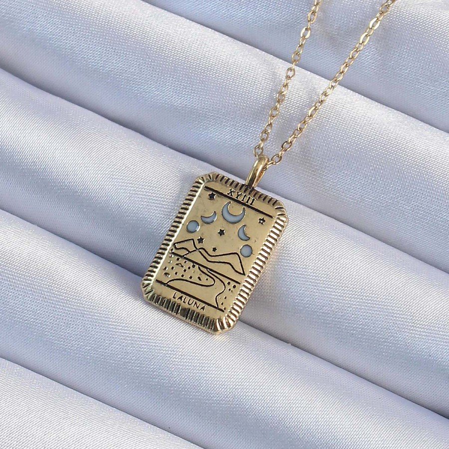 316L Steel Chain Antiqued Gold Color Tarot Necklace with Moon Figure