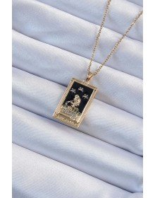316L Steel Chain Tarot Necklace with Gold Color Zircon Stone and Black Enamel Girl Figure