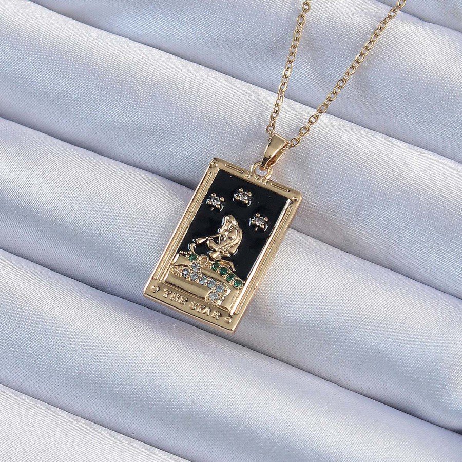316L Steel Chain Tarot Necklace with Gold Color Zircon Stone and Black Enamel Girl Figure