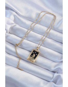 316L Steel Chain Tarot Necklace with Gold Color Zircon Stone and Black Enamel Girl Figure