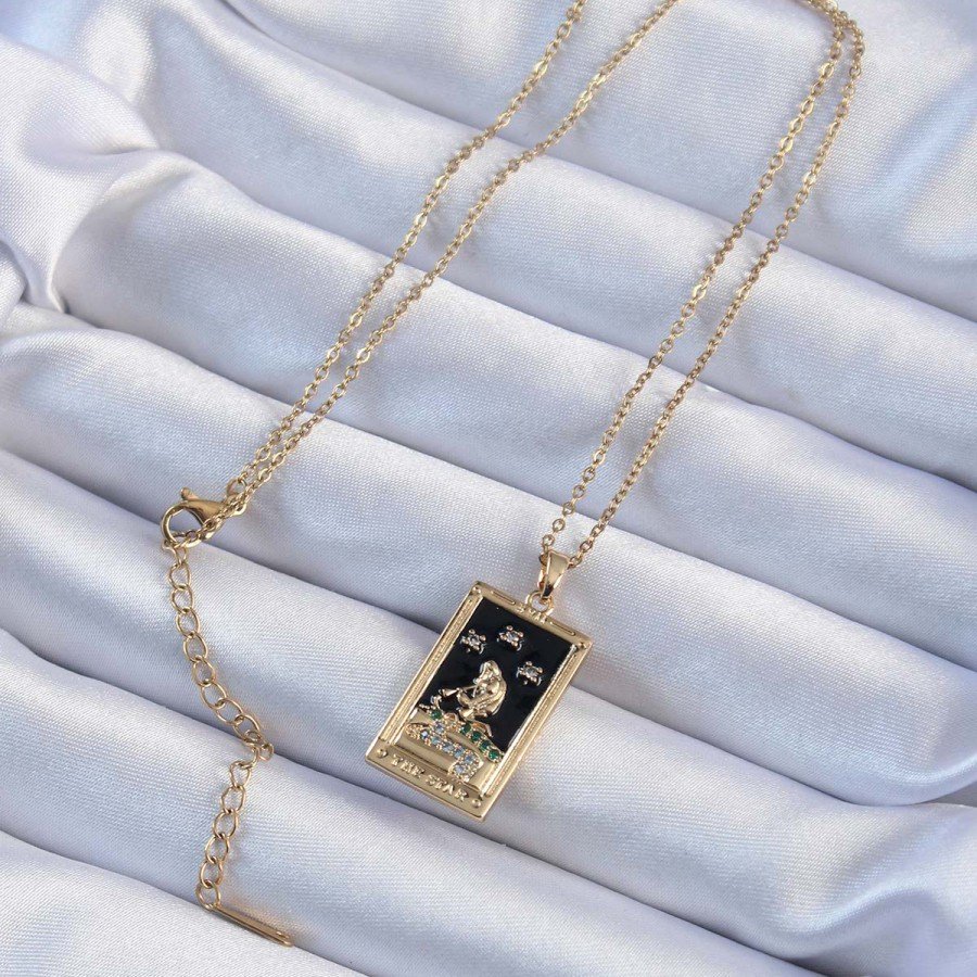 316L Steel Chain Tarot Necklace with Gold Color Zircon Stone and Black Enamel Girl Figure