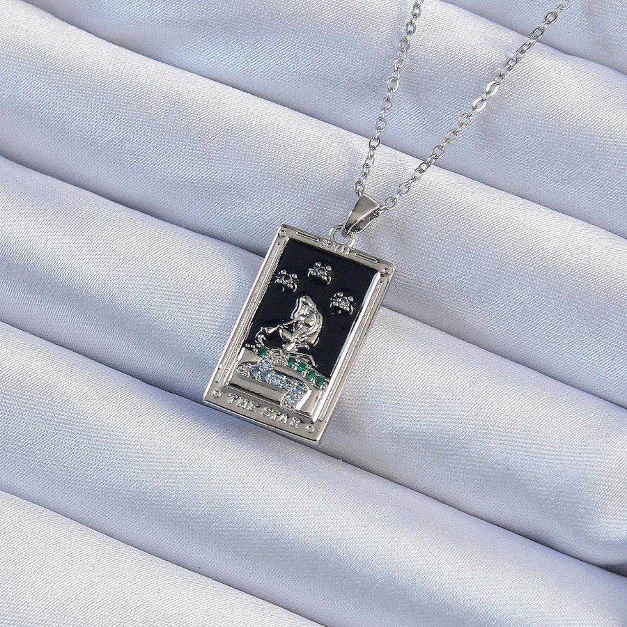 316L Steel Chain Silver Color Zircon Stone Black Enamel Tarot Necklace with Girl Figure