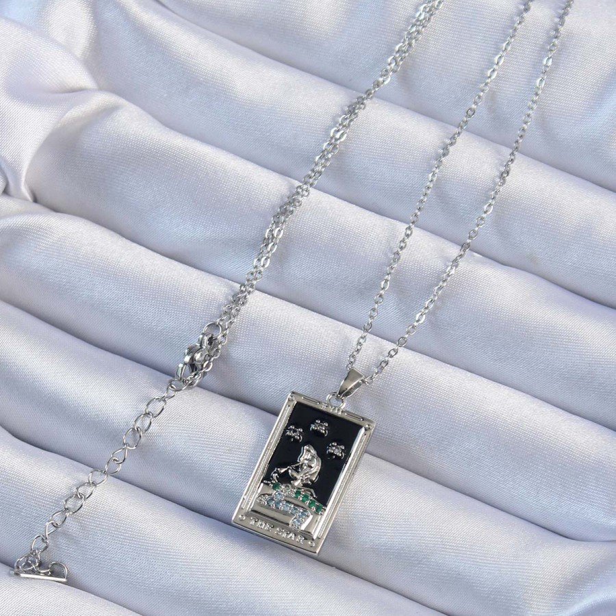 316L Steel Chain Silver Color Zircon Stone Black Enamel Tarot Necklace with Girl Figure
