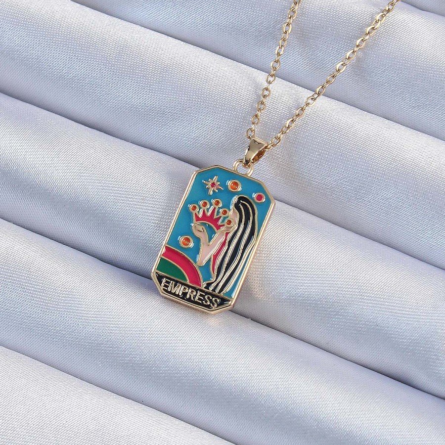 316L Steel Chain Gold Color Enameled Tarot Necklace with Crown and Girl Figure