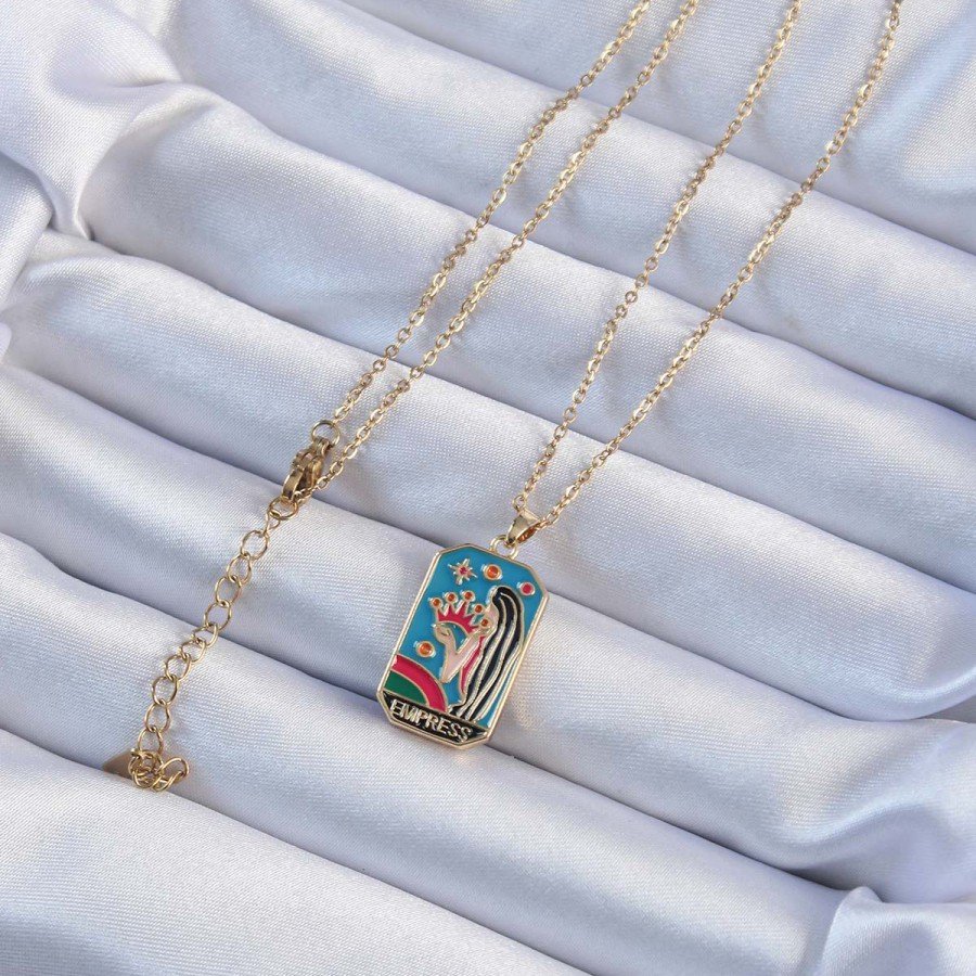 316L Steel Chain Gold Color Enameled Tarot Necklace with Crown and Girl Figure