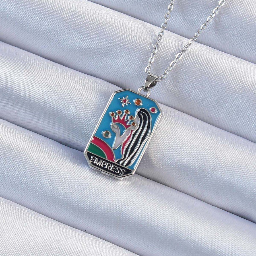 316L Steel Chain Silver Color Enameled Tarot Necklace with Crown and Girl Figure