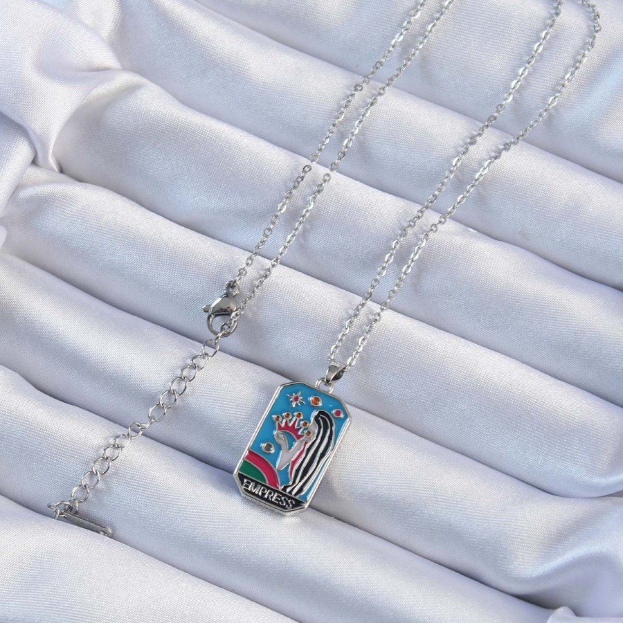 316L Steel Chain Silver Color Enameled Tarot Necklace with Crown and Girl Figure