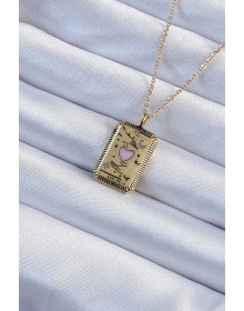 316L Steel Chain Aged Gold Color Pink Enamel Heart Figured Tarot Necklace