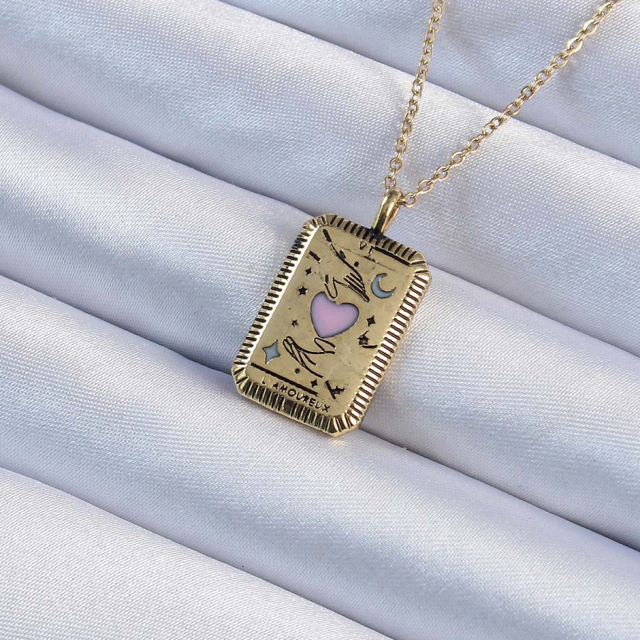 316L Steel Chain Aged Gold Color Pink Enamel Heart Figured Tarot Necklace