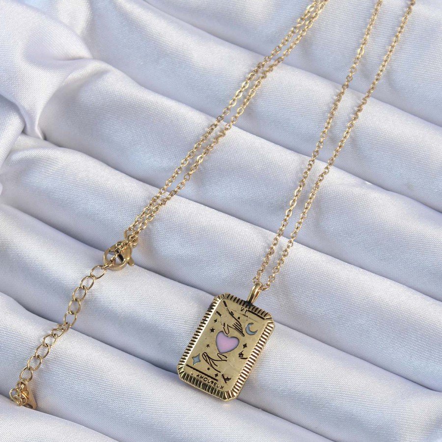 316L Steel Chain Aged Gold Color Pink Enamel Heart Figured Tarot Necklace
