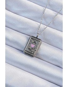 316L Steel Chain Aged Silver Color Pink Enamel Heart Figured Tarot Necklace