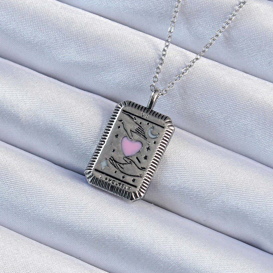 316L Steel Chain Aged Silver Color Pink Enamel Heart Figured Tarot Necklace