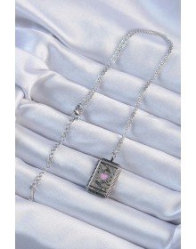 316L Steel Chain Aged Silver Color Pink Enamel Heart Figured Tarot Necklace