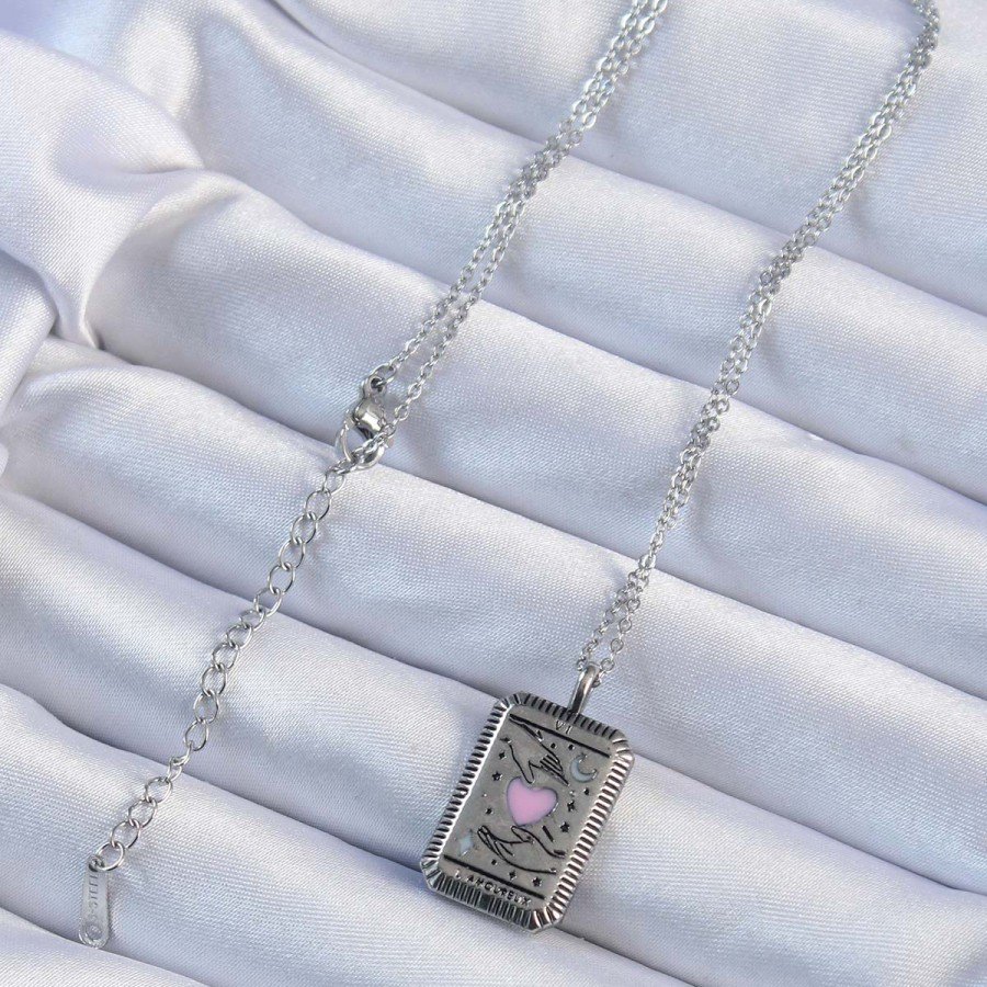 316L Steel Chain Aged Silver Color Pink Enamel Heart Figured Tarot Necklace