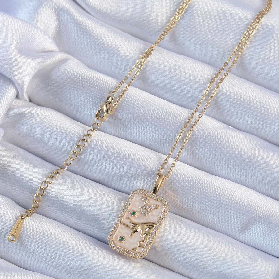 316L Steel Chain Gold Color Zircon Stone Tarot Necklace with Bull Figure
