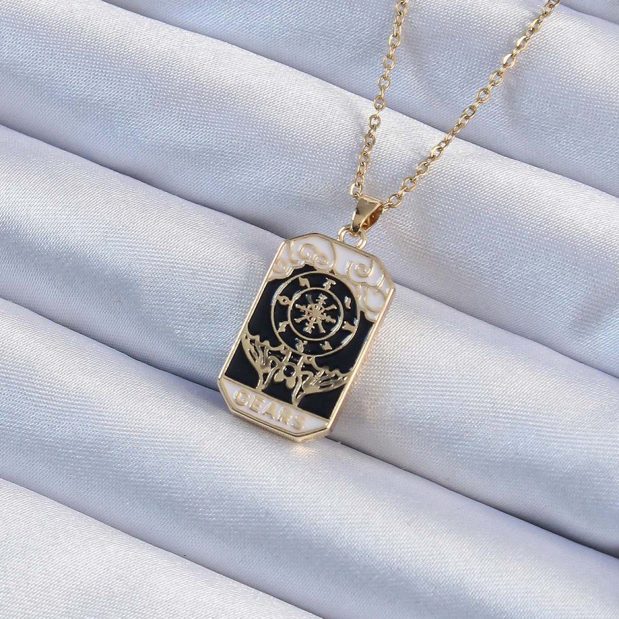 316L Steel Chain Gold Color Embroidered Black Enamel Tarot Necklace