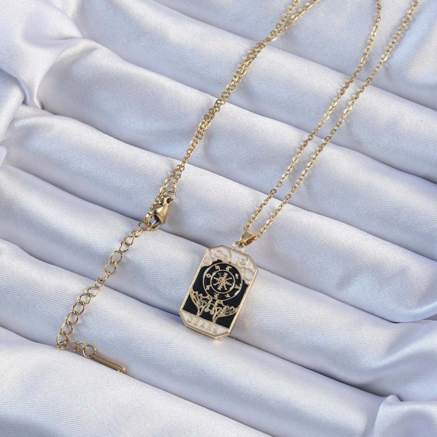 316L Steel Chain Gold Color Embroidered Black Enamel Tarot Necklace