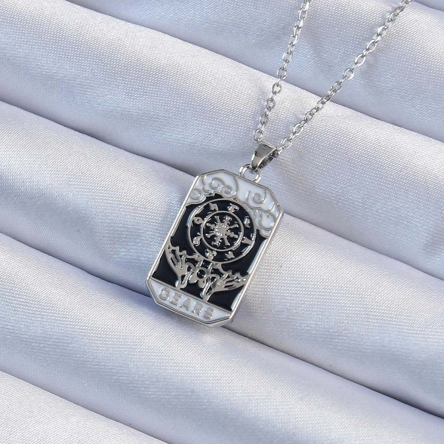 316L Steel Chain Silver Color Embroidered Black Enamel Tarot Necklace 316L Steel Chain Silver Color Embroidered Black Enamel Tarot Necklace