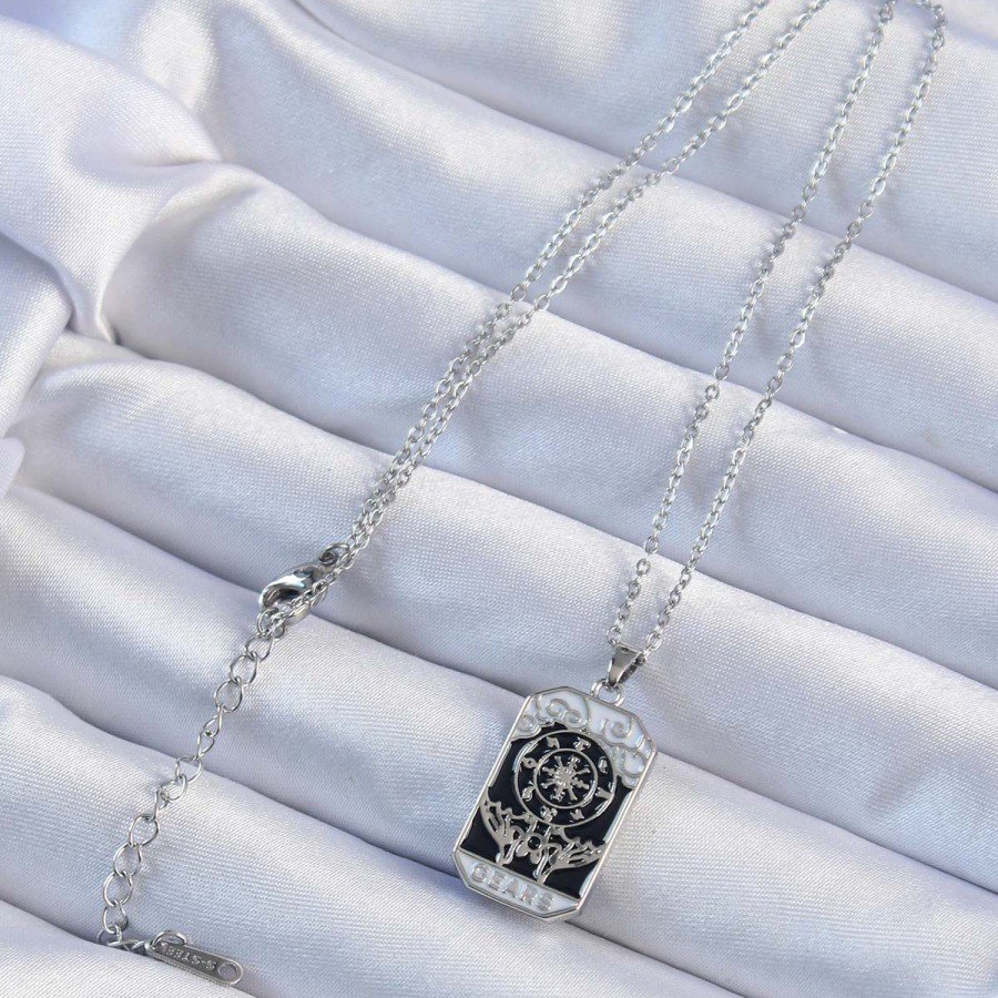 316L Steel Chain Silver Color Embroidered Black Enamel Tarot Necklace 316L Steel Chain Silver Color Embroidered Black Enamel Tarot Necklace
